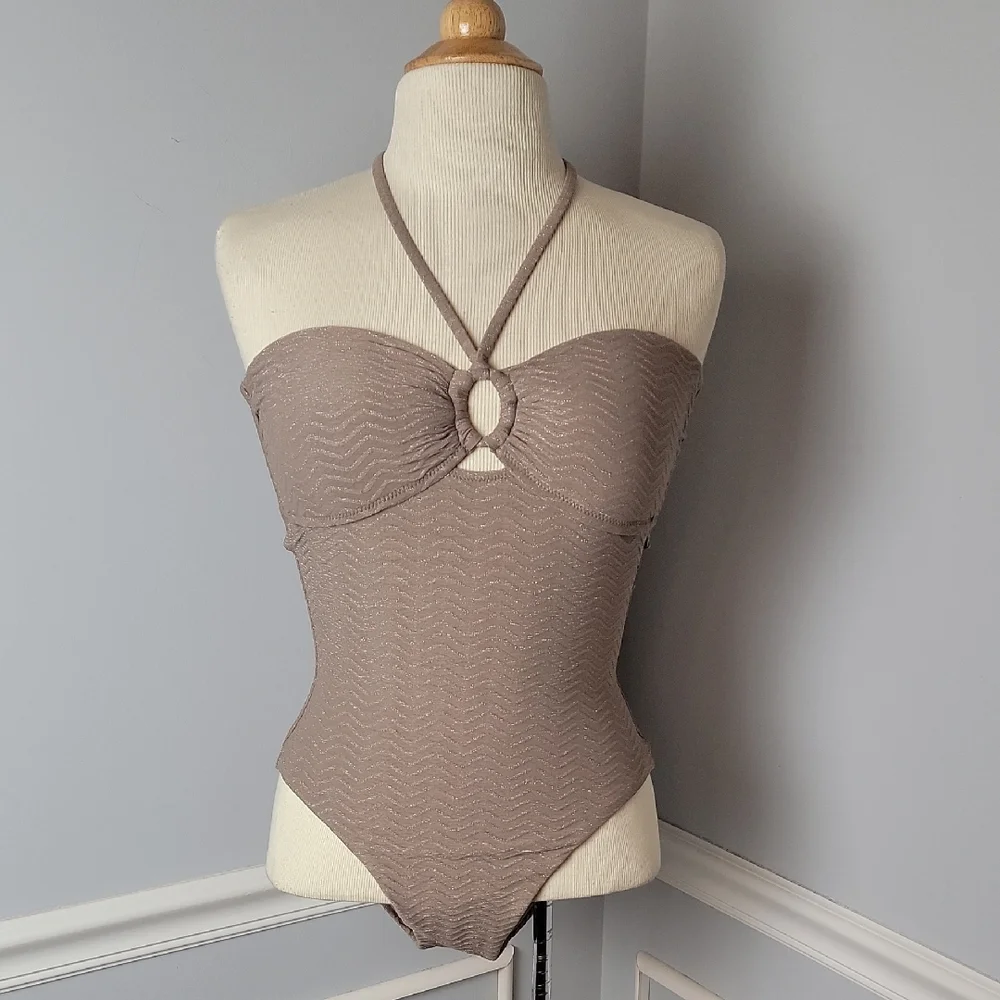 TRINA TURK Empire Bandeau Sandstone Taupe Halter 1 Piece Glam Designer‎ Swimsuit